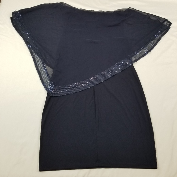 Enfocus Studio Ruffle puffs Sleeve Cover Pencil Dress Blue Sequins Lace Size 6 - Picture 3 of 13